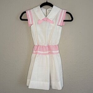 Vintage Girls Medium White Pink Bow Peter Pan Collar Sailor Dress Preppy Coastal